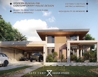 Plano de planta de casa tipo bungalow moderno contemporáneo - PDF A3, archivos CAD, renderizado 3D, doble dimensión