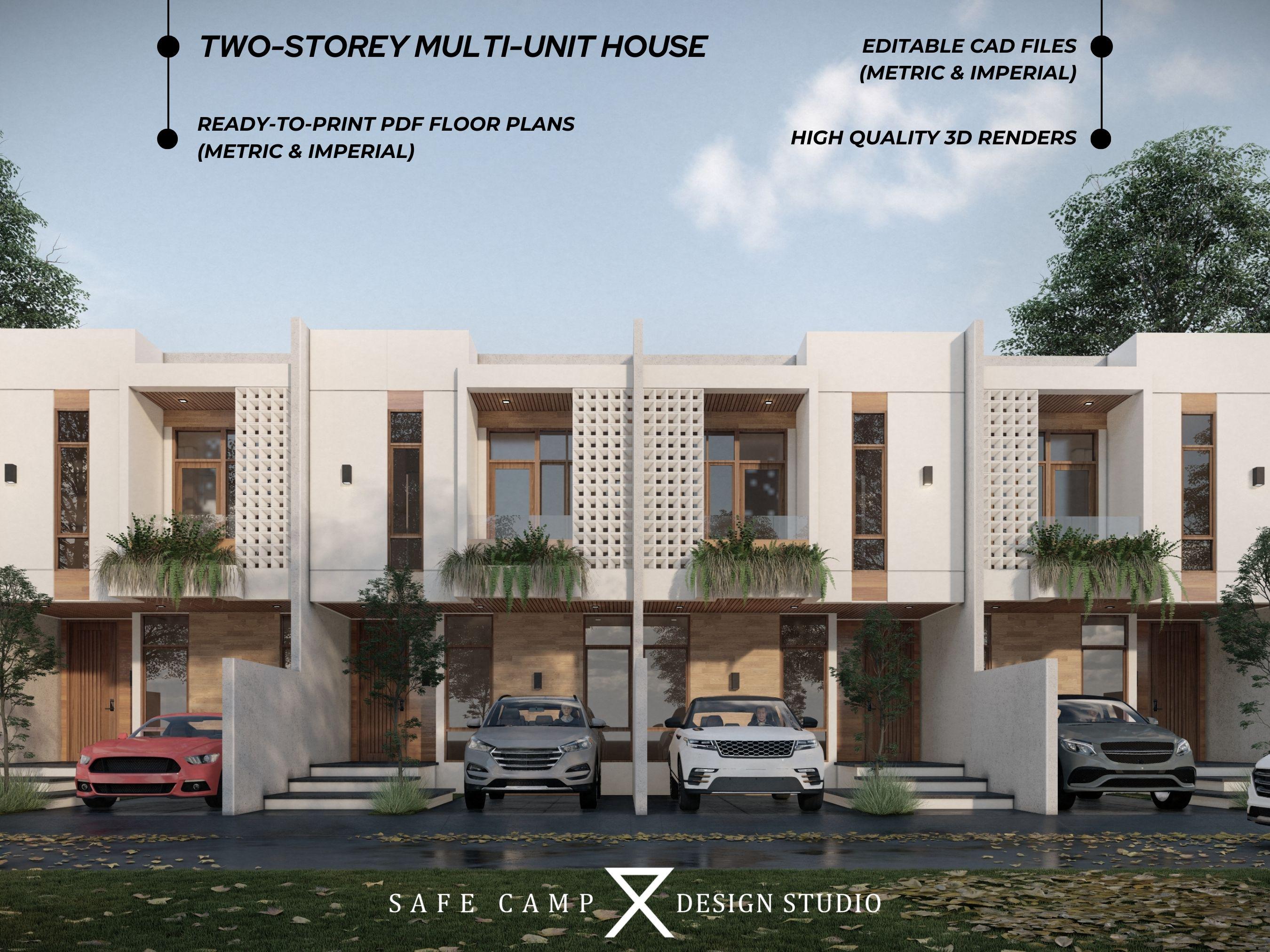 Two Storey Multi-Unit House Architectural Plan, Single, Duplex, Quadruplex, 3 Bed 3 Bath, Garden,Modern House Plan, A3 PDF 3DExterior Render