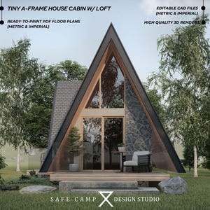 May include: A digital rendering of a tiny A-frame house cabin with a loft, featuring stone and shingle siding, large glass windows, and a wooden deck. Text includes TINY A-FRAME HOUSE CABIN W/ LOFT, READY-TO-PRINT PDF FLOOR PLANS, EDITABLE CAD FILES, and HIGH QUALITY 3D RENDERS.