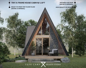 13'x20' Tiny A-Frame House Cabin w/ Loft Architectural Floor Plans, A3 PDF, Cad Files, Dual Dimension, Digital Plans, Exterior 3D