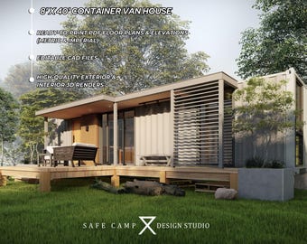 Plano de casa en contenedor, cabaña moderna de 320 pies cuadrados, PDF A3 (arquitectónico)
