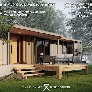 8'x40' Container Van House Architectonisch plan, slaapkamer, badkamer, complete keuken, plattegronden moderne cabine van 320 m², A3-pdf, 3D-weergave buitenkant