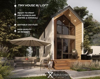 Tiny House-plattegrond, modern huisje van 200 vierkante voet met loft (A3-pdf)