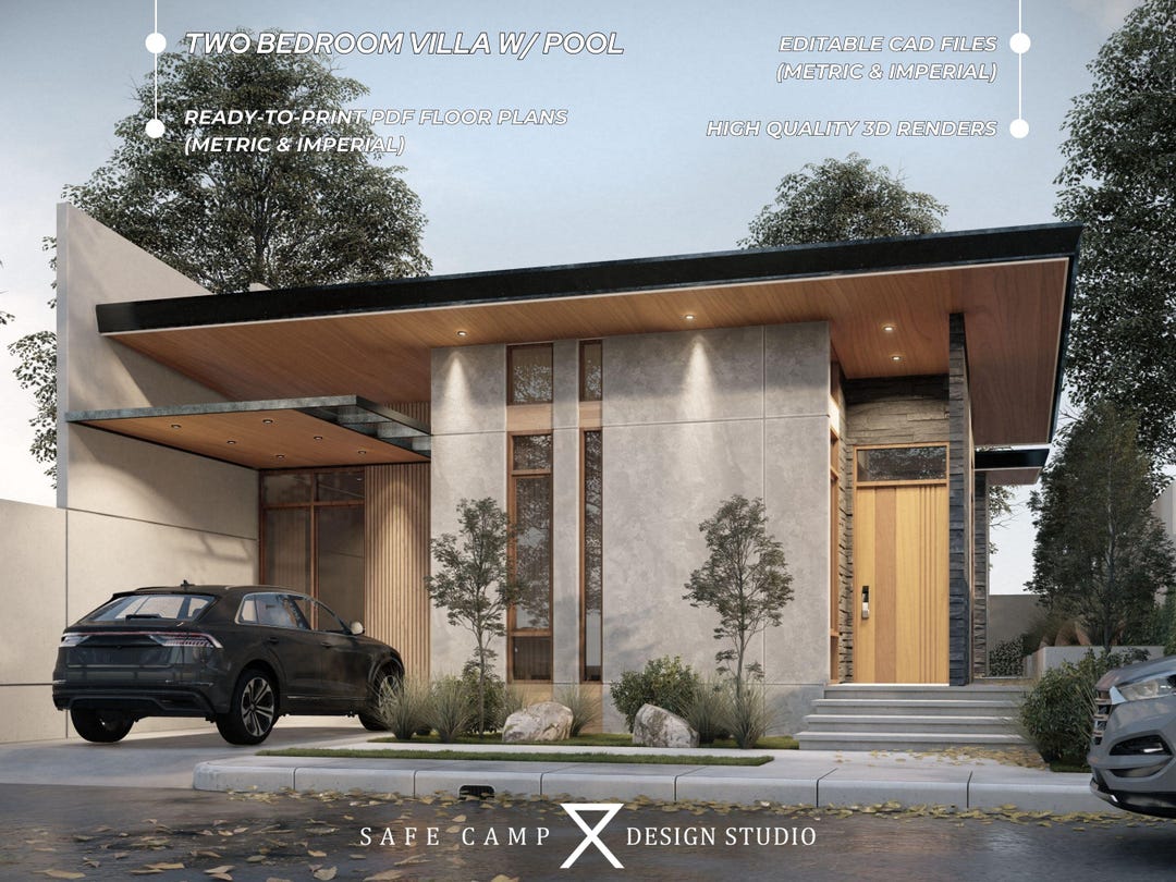 Two Bedroom Cabin Plan: Modern House With Pool & Deck (A3 PDF) - Etsy