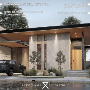 Cabane 2 chambres avec piscine, terrasse extérieure, piscine, jardin, plan d'étage ouvert de maison moderne de 1238 m², PDF A3, rendu extérieur 3D