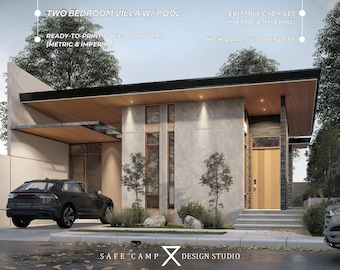 Plano de cabaña de dos habitaciones: Casa moderna con piscina y terraza (PDF A3)