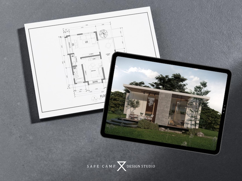 May include: A digital tablet displays a modern house design, with a white roof and glass walls, set in a green landscape. A blueprint of the house plan is next to the tablet. The image is on a gray surface. The text "SAFE CAMP DESIGN STUDIO" is at the bottom.