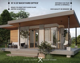Plano de oficina moderna de 21 m² (230 pies cuadrados) para patio trasero: PDF A3, render 3D
