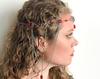 Medieval Circlet Headpiece in Silver and Ruby Red