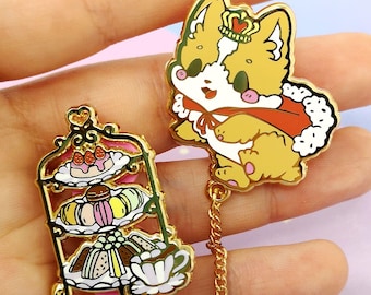 Broche de esmalte High Tea Corgi – Acabamento dourado, 3,2 cm, Edição Limitada Secret Shop