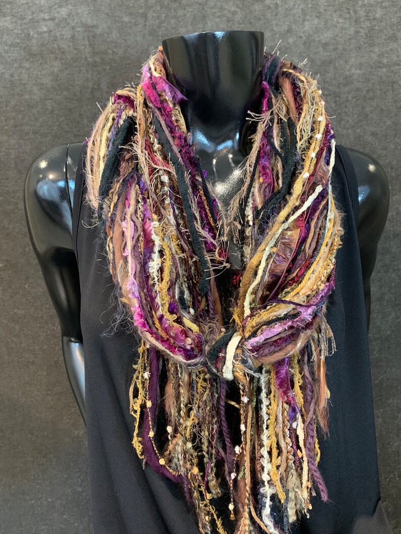 Handmade Boho Indie style art scarf, purple beige black fringe scarf, Fringie boho inspired scarf women gift, accessory bohemian image 3