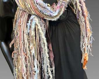 Fringie Yarn Scarf in spring shades, tan peach purple cream Beige Knotted handmade long Scarf, boho fashion, ribbon scarf, fringe scarf