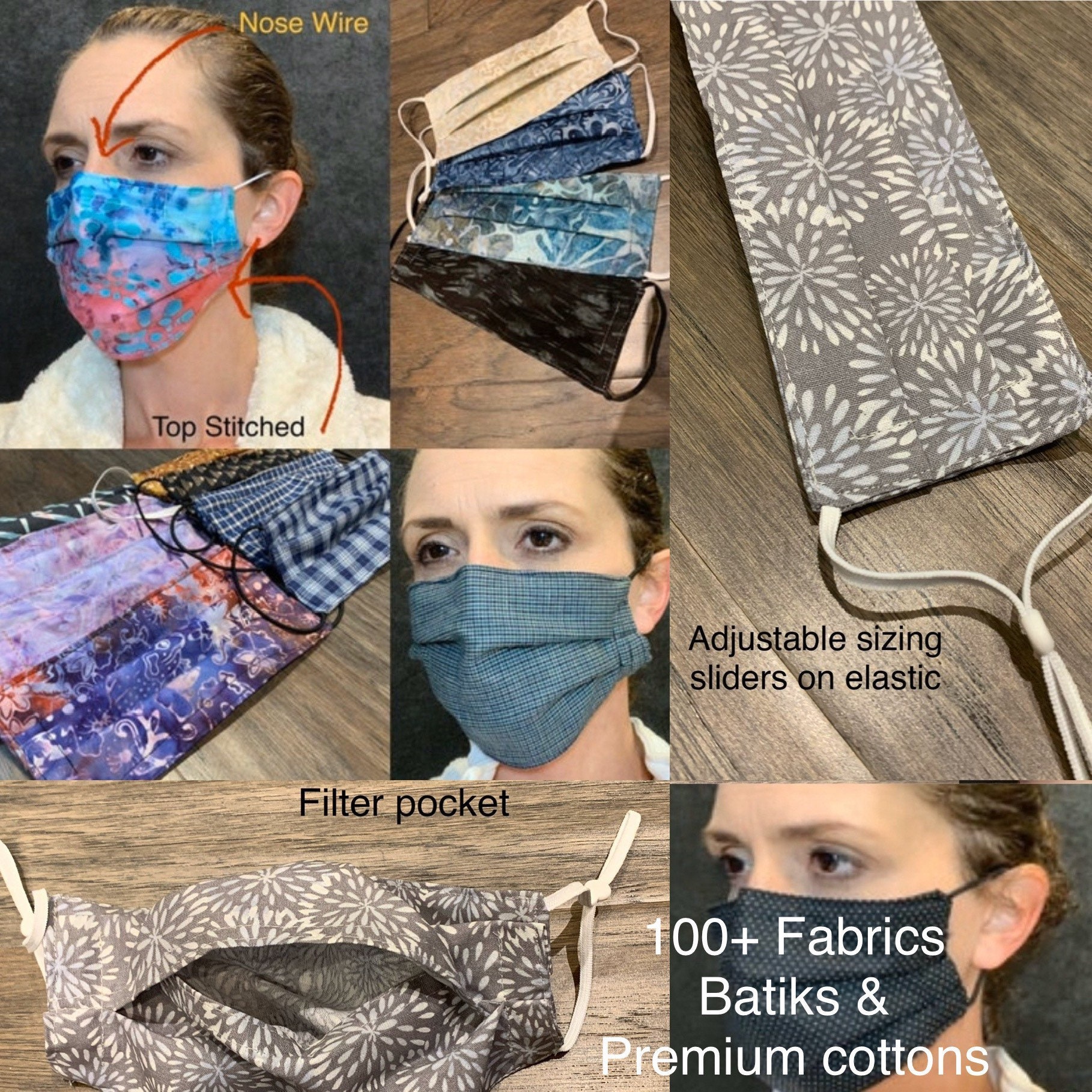 Batik face mask with pocket for filter and nose wire, top stitched, a…