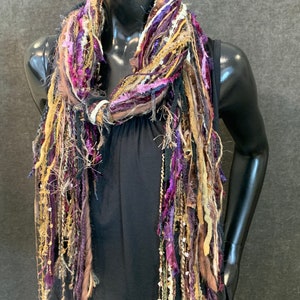 Handmade Boho Indie style art scarf, purple beige black fringe scarf, Fringie boho inspired scarf women gift, accessory bohemian image 5