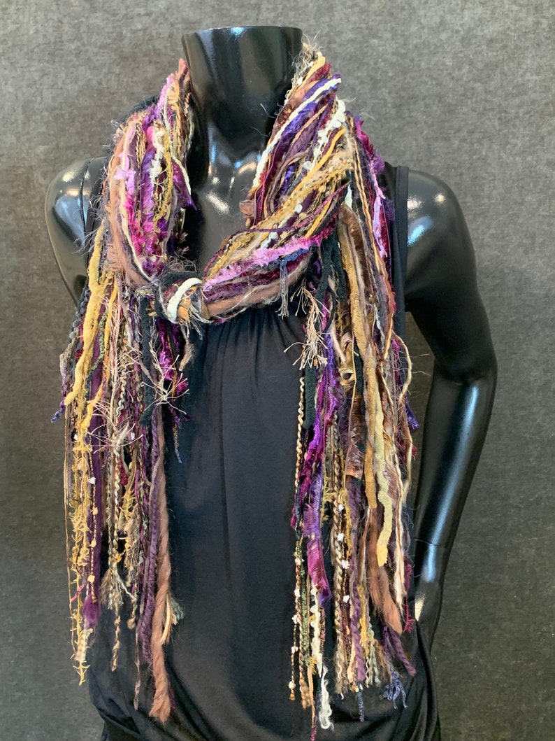 Handmade Boho Indie style art scarf, purple beige black fringe scarf, Fringie boho inspired scarf women gift, accessory bohemian image 5