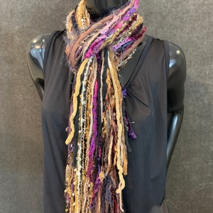Handmade Boho Indie style art scarf, purple beige black fringe scarf, Fringie boho inspired scarf women gift, accessory bohemian image 2