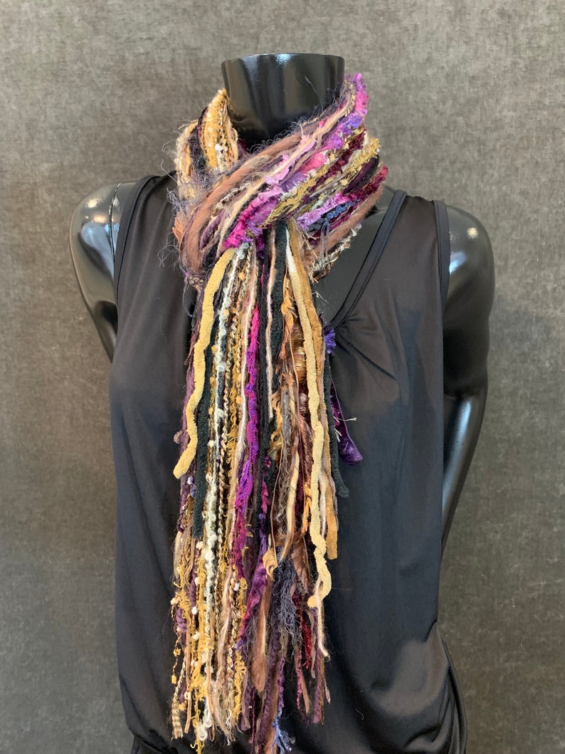 Handmade Boho Indie style art scarf, purple beige black fringe scarf, Fringie boho inspired scarf women gift, accessory bohemian image 2