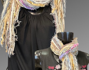 Fringie art Yarn bohemian style Scarf, spring Easter color art yarn Scarf, fur fringe scarf, boho fashion, fiber necklace, indie scarf
