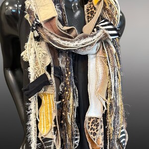 Lightweight black, beige animal print Boho fabric plus art yarn Scarf, Western unisex scarf, fiber scarf, street style scarf, cheetah print image 2