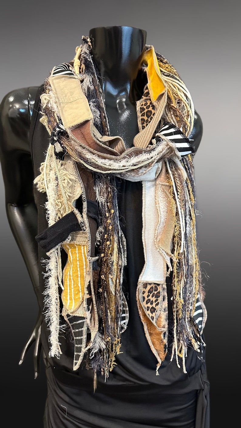 Lightweight black, beige animal print Boho fabric plus art yarn Scarf, Western unisex scarf, fiber scarf, street style scarf, cheetah print image 2