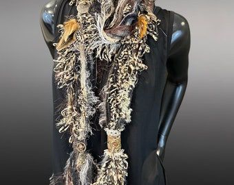 Feather and Leather Scarf, Boho Embellished scarf with leather straps, Knit necklace