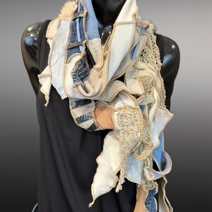 Couture upcycled fabric long scarf, Shreds series bohemian style, upcycled indie clothing, blue jean cream scarf, wrap shawl image 6