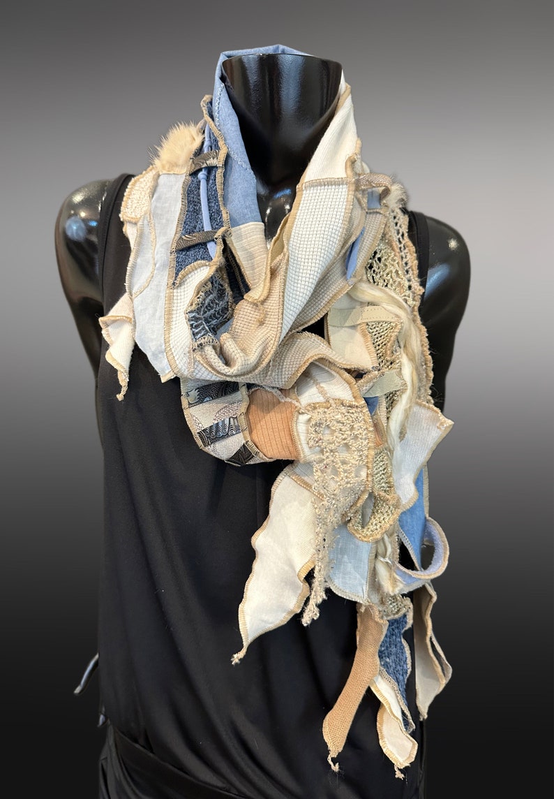 Couture upcycled fabric long scarf, Shreds series bohemian style, upcycled indie clothing, blue jean cream scarf, wrap shawl image 6