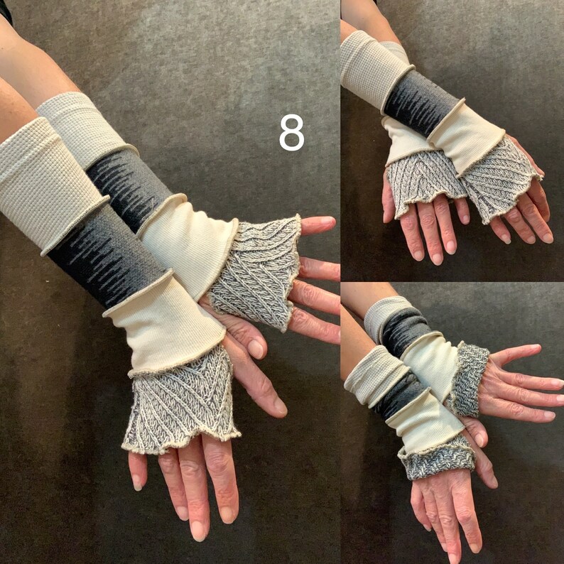 Fabric knit upcycled arm warmers, wrist cuffs, fabric fingerless gloves, upcycled sweater sleeves, Katwise arm warmers, fingerless mittens image 9