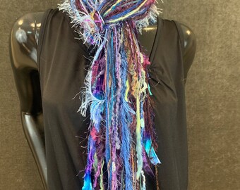 Fringie art Yarn Scarf, Knotted handmade art Scarf in purple aqua shades, indie scarf, boho accessories, long scarf, ribbon scarf