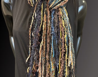 Handmade Boho Indie style art scarf,  black teal jewel tone fringe scarf, Fringie boho inspired scarf women gift, accessory bohemian