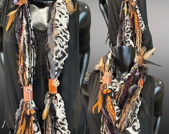 Feather and Leather Scarf, Boho Embellished scarf with leather straps, Knit necklace, cheetah print