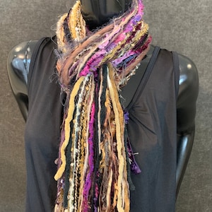 Handmade Boho Indie style art scarf, purple beige black fringe scarf, Fringie boho inspired scarf women gift, accessory bohemian image 1