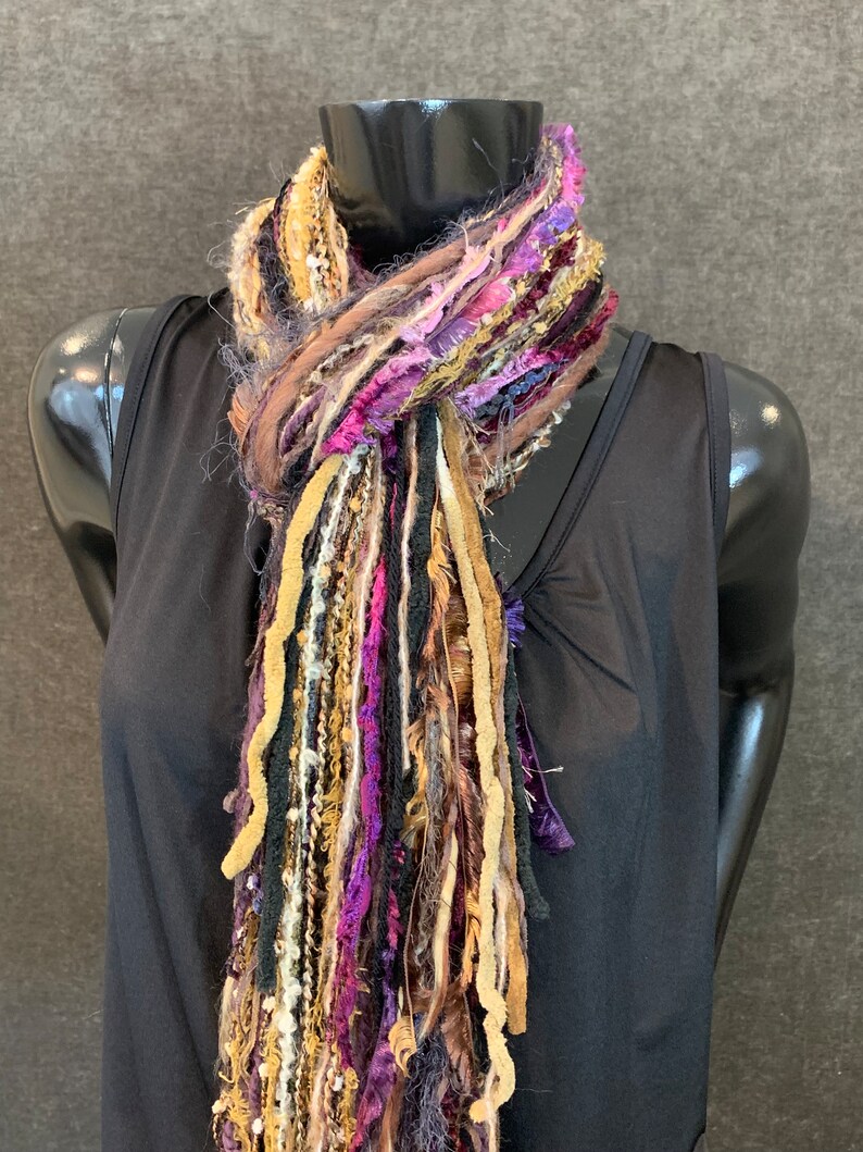 Handmade Boho Indie style art scarf, purple beige black fringe scarf, Fringie boho inspired scarf women gift, accessory bohemian image 1