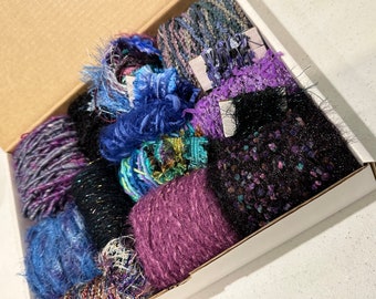 Knitting art yarn bundle, 1.5 lbs, weaving yarns, bulk purple blue aqua yarn gift box, tapestry yarns, chenille, weaving art yarn gift