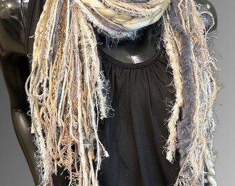 Art yarn scarf, Petite Fringie in ivory gray beige , Fringe Scarf, Multitextural fringe scarf, boho chic , cowgirl style, tribal fashion