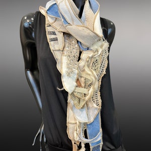 Couture upcycled fabric long scarf, Shreds series bohemian style, upcycled indie clothing, blue jean cream scarf, wrap shawl image 7