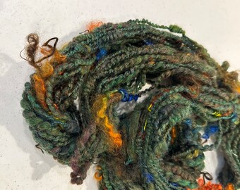 Hand spun merino longwool leincaster bulky yarn, green orange handspun yarn, knitting yarn, handmade yarn, knitting supply, hand dyed yarn