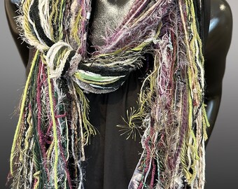 Handmade Boho Indie style art scarf,  purple green black fringe scarf, Fringie boho inspired scarf women gift, accessory bohemian