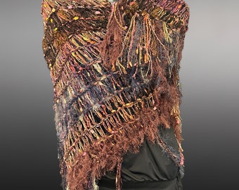 Hand Knit boho poncho, knit wrap pull-over, Funky fringed art yarn Poncho, autumn color shoulder wrap, indie clothing