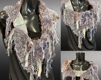 Luxury knit artisan fringe cowl with clasp, Indie capulet, bohemian inspired fashion, handmade shoulder wrap lavendar blush gray fur wrap