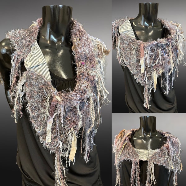 Luxury knit artisan fringe cowl with clasp, Indie capulet, bohemian inspired fashion, handmade shoulder wrap lavendar blush gray fur wrap