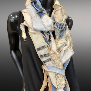 Couture upcycled fabric long scarf, Shreds series bohemian style, upcycled indie clothing, blue jean cream scarf, wrap shawl image 3