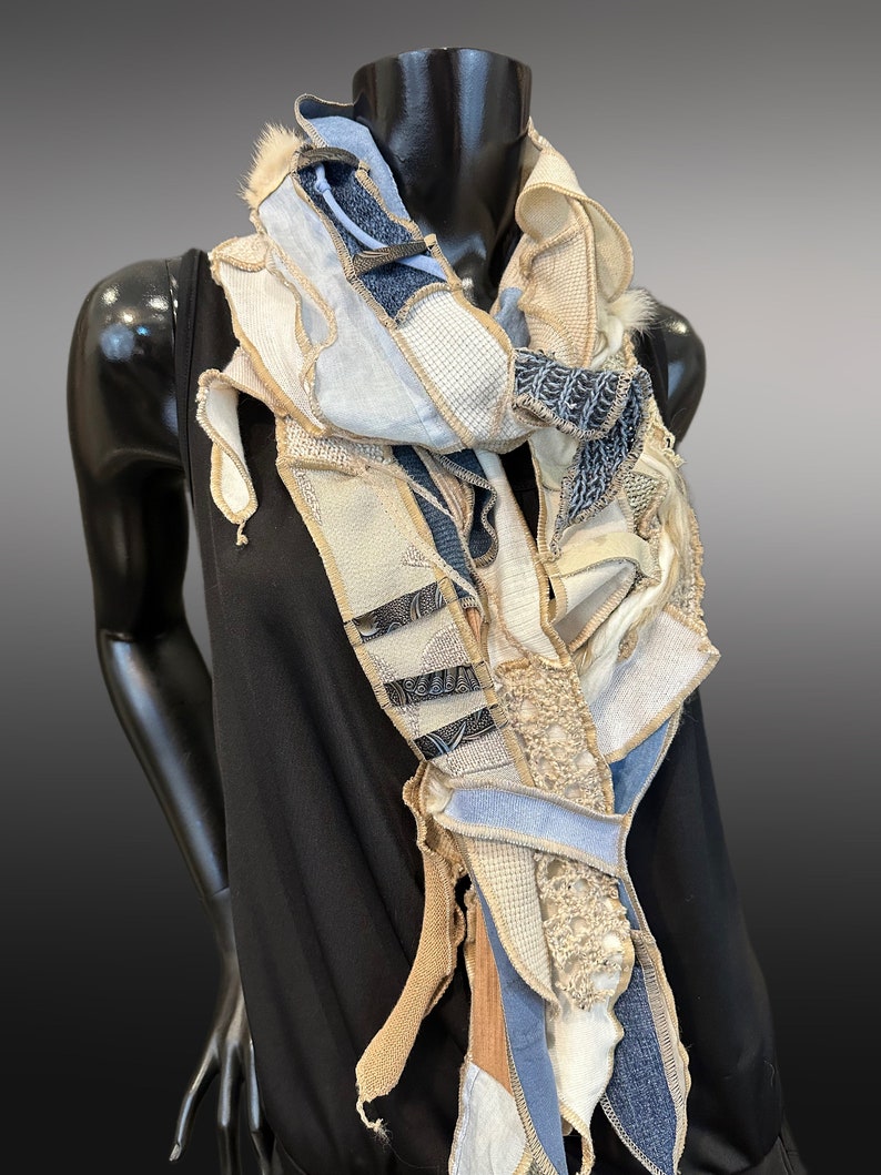 Couture upcycled fabric long scarf, Shreds series bohemian style, upcycled indie clothing, blue jean cream scarf, wrap shawl image 3