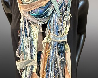 Lightweight handmade long Boho mint blue tan Scarf, Shreds Fringie yarn scarf, Whimsical fiber fringe scarf, tribal scarves, eco refashion