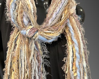 Bohemian style Yarn Scarf in peach cream pastels, Fringie handmade long Scarf, boho fashion, Easter scarf, cowgirl scarf