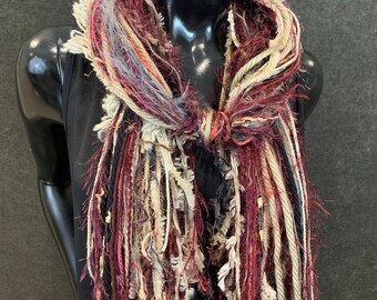 Fringie scarf in Autumn shades, Fringe Scarf, Handmade art yarn scarf, bohemian style, boho chic, maroon wine rust brown