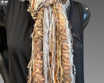 Bohemian style Yarn Scarf in peaches and cream, Fringie handmade long Scarf, boho fashion, fur scarf, cowgirl scarf