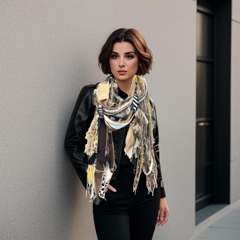 Lightweight black, beige animal print Boho fabric plus art yarn Scarf, Western unisex scarf, fiber scarf, street style scarf, cheetah print image 5