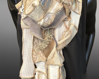 Couture upcycled fabric long scarf, Shreds series bohemian style, upcycled indie clothing, beige taupe scarf, wrap shawl