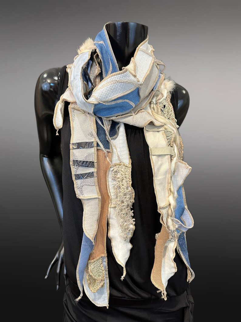 Couture upcycled fabric long scarf, Shreds series bohemian style, upcycled indie clothing, blue jean cream scarf, wrap shawl image 9